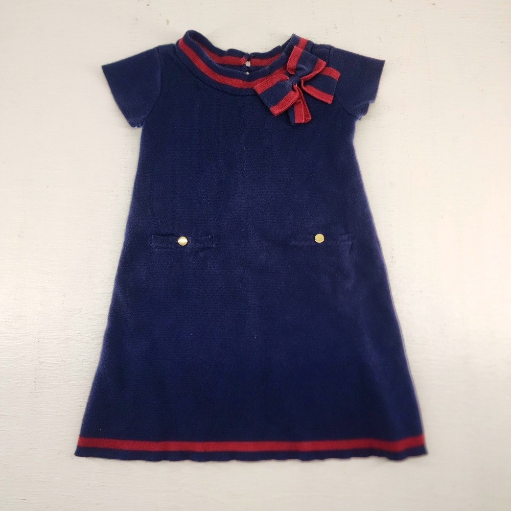 Hope & Henry Navy Blue Red Stripe Bow Knit Organic Cotton Dress Kids Size 4